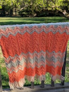 VTG Handmade Chevron Crochet Throw Blanket in Bright Neon Coral Orange  Cream